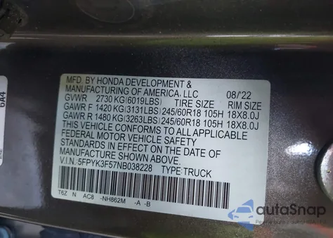 2022 Honda Ridgeline Rtl from USA, damaged, VIN 5FPYK3F57NB038228